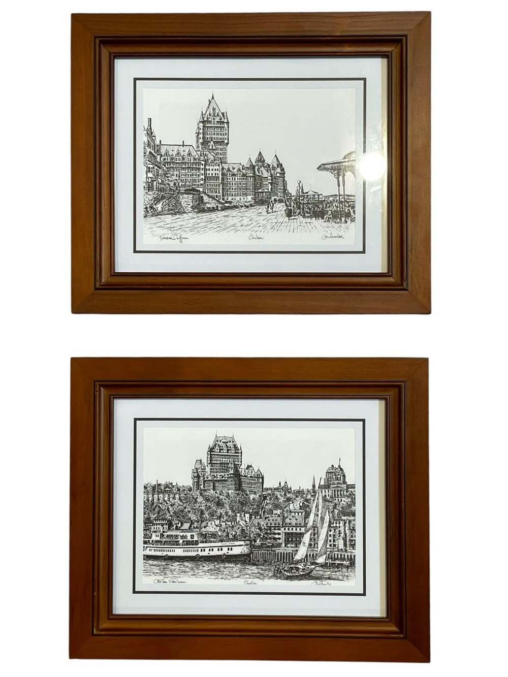Vintage 1970s Coulombe Pair of Framed Black and White Print Chateau Frontenac